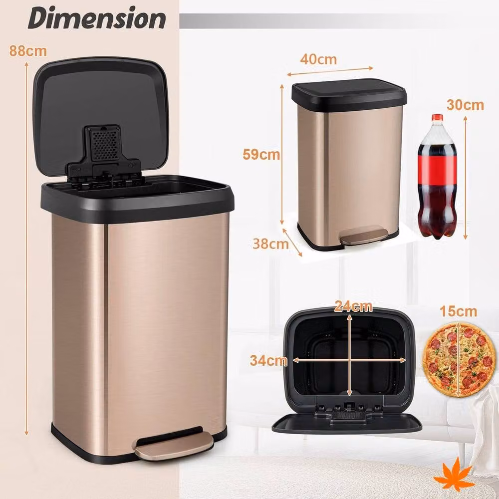 CASART 50L Stainless Steel Step Trash Can with Soft Close Lid and Odour Filter, Gold – 2