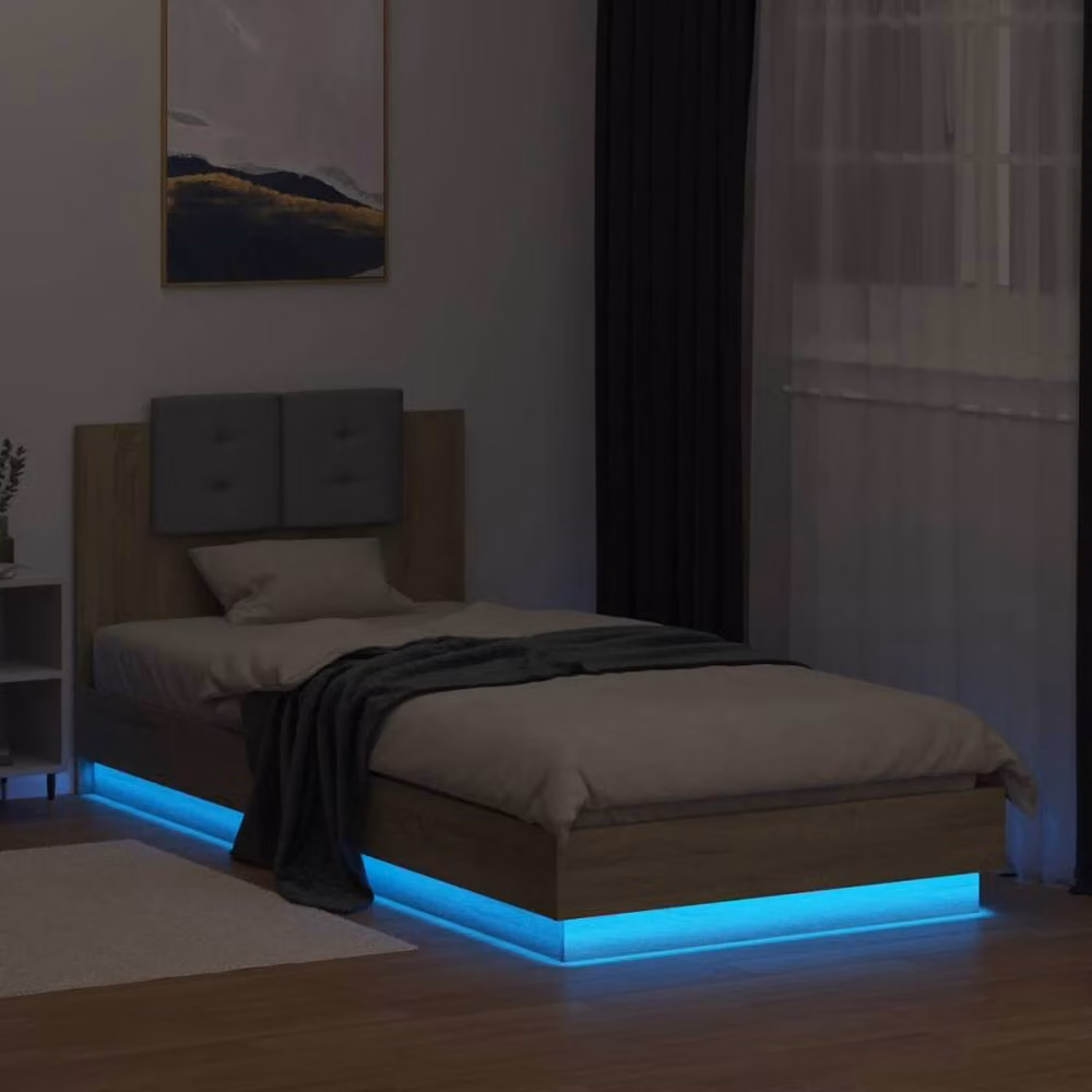 Berkfield Home Sonoma Oak Bed Frame with LED Under-Bed Lighting and USB Charging Port, Brown, W/D/H: 90 x 200 cm – 3