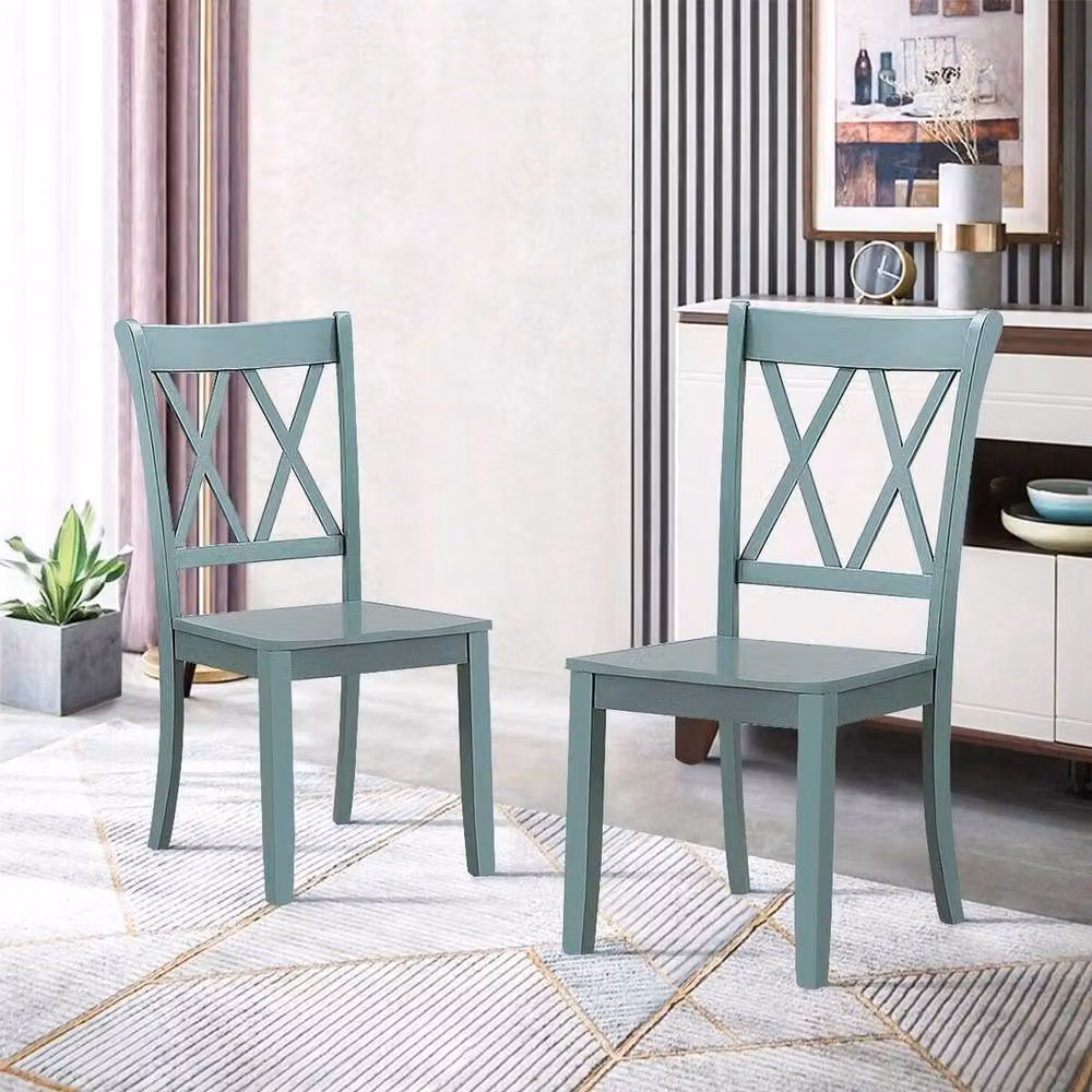NESTLUNE Set of 2 Blue Armless Dining Chairs with Rubberwood Legs – 2