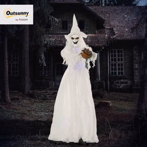 Outsunny 74 Inch White Witch Halloween Decoration with Light Up Eyes and Body holding a Pumpkin Head – 2