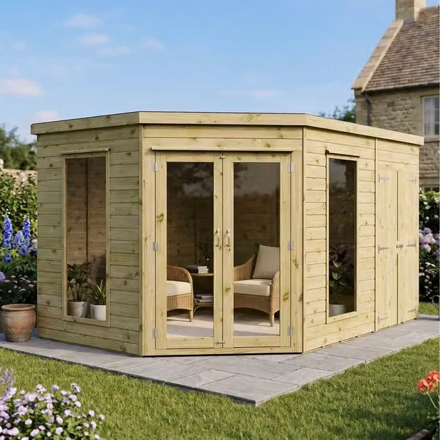 Waltons Brown Wooden Corner Summerhouse with Side Shed