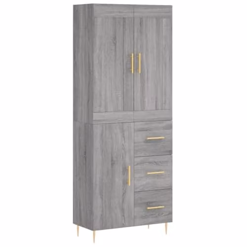 vidaXL Grey Sonoma Highboard with Hinged Doors and Internal Shelves, W/D/H: 69.5 x 34 x 180 cm