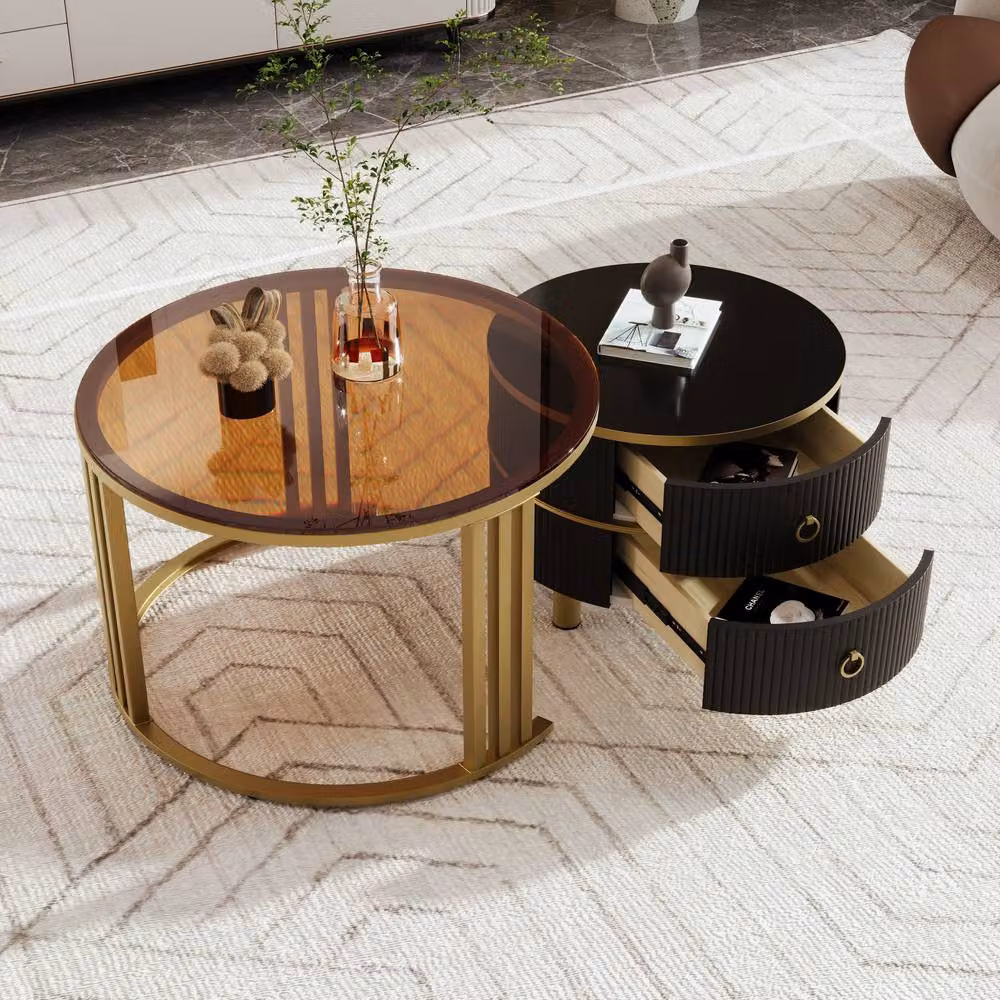 BTM Round Nesting Coffee Table Set with 2 Drawers in Black and Brown – 2