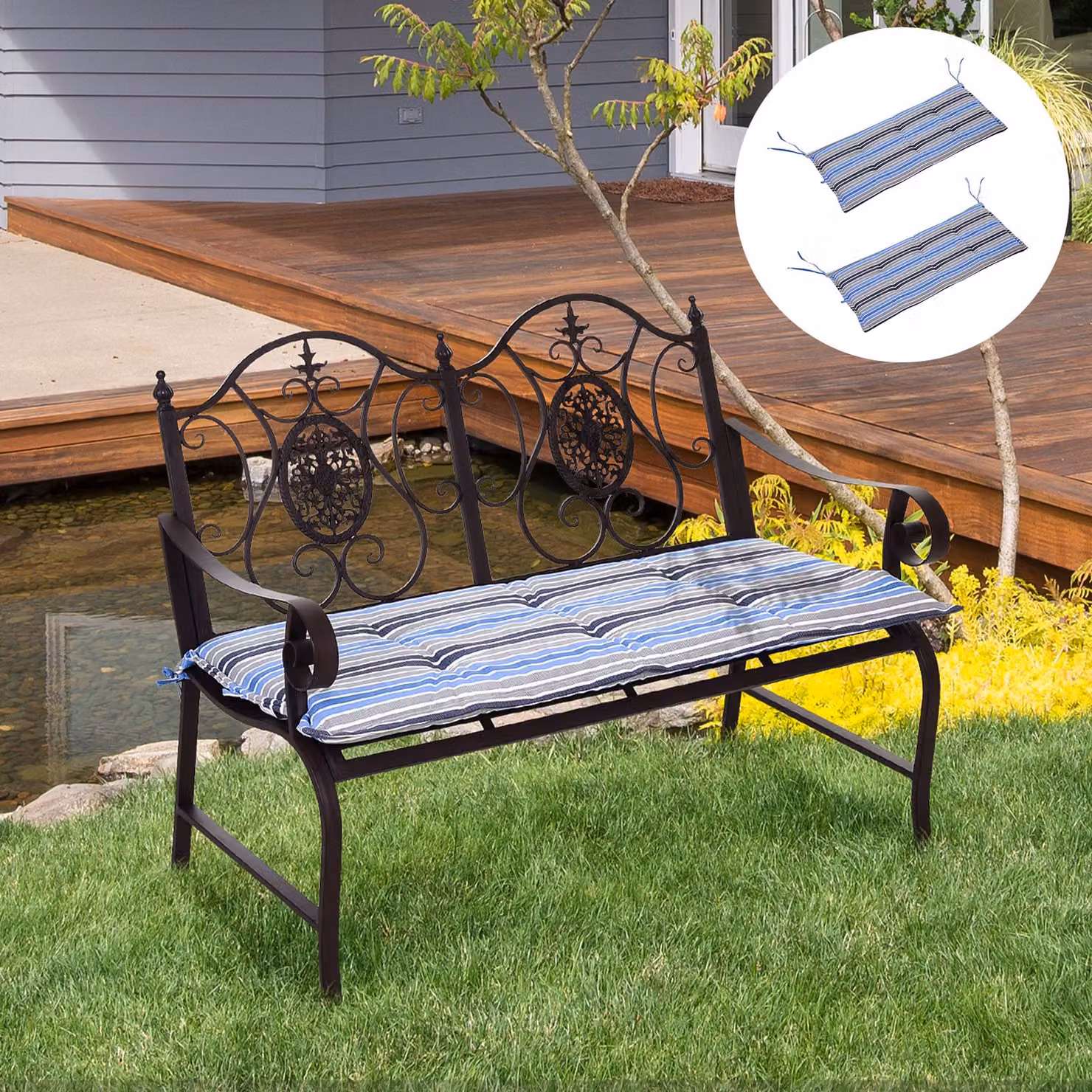 Outsunny Blue Maritime Striped Replacement Cushion for 2-3 Seater Outdoor Bench Swing Chair, W: 120 cm, D: 50 cm, H: 5 cm – 7