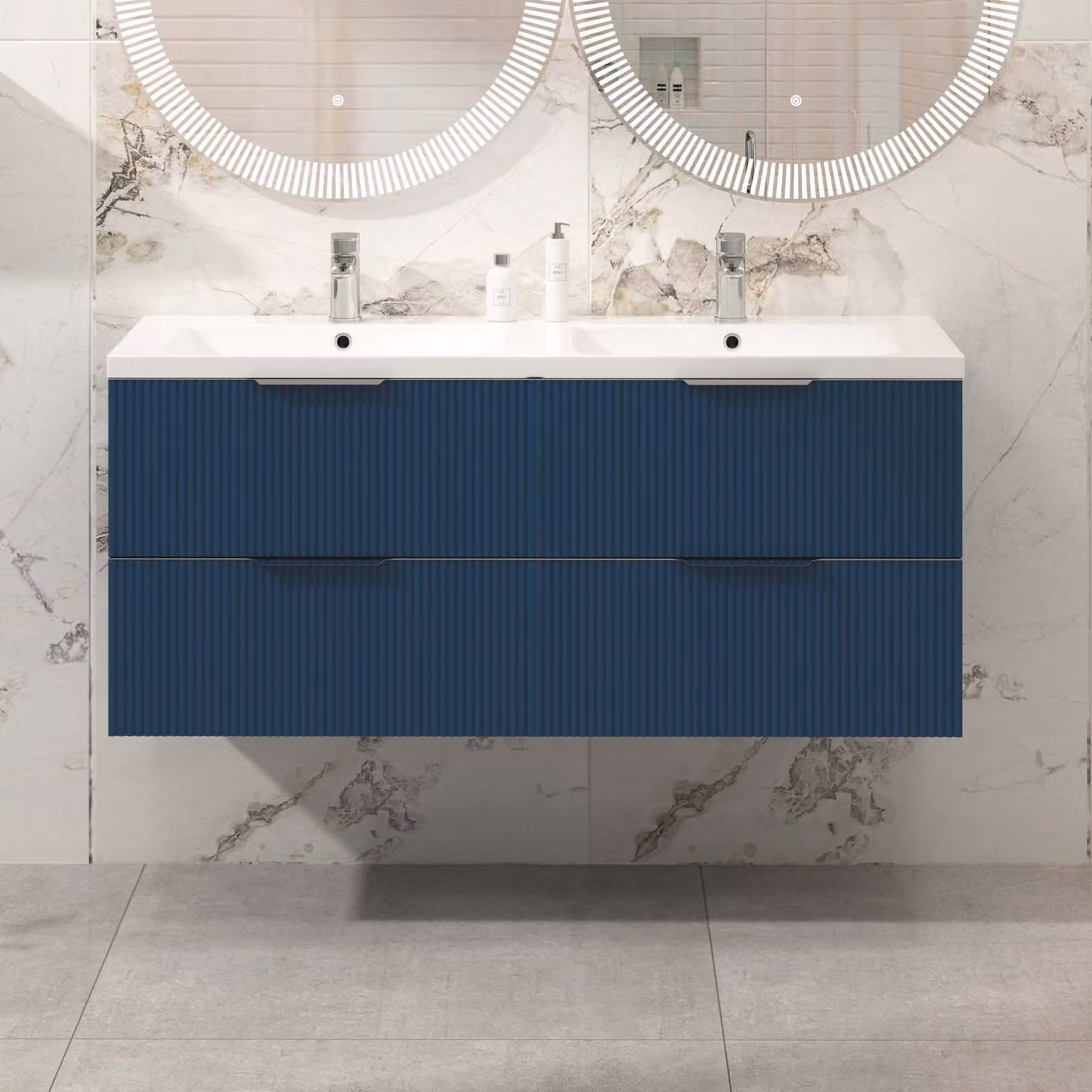 Royal Bathrooms Evora 1200mm Midnight Blue Fluted Wall Hung Vanity Unit with 4 Drawers and Ceramic Basin