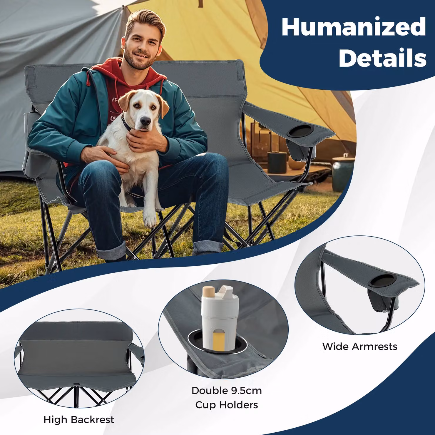 Gymax Oversized Double Camping Chair for 2 Adults in Grey with Metal Frame and Cup Holders – 5