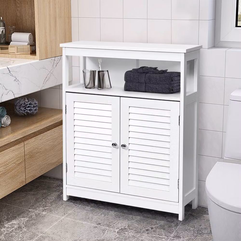 Costway White Wooden Bathroom Floor Cabinet with Adjustable Internal Shelves and Open Storage – 3