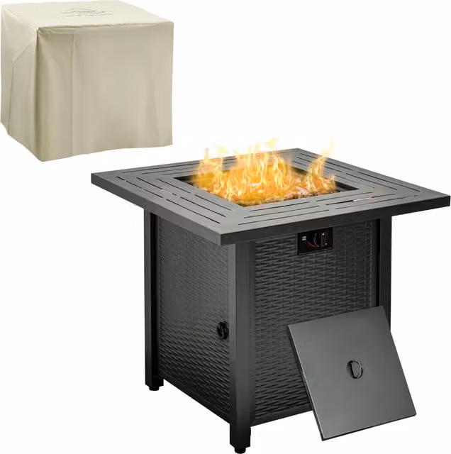 Outsunny Square Propane Gas Fire Pit Table in Black Rattan with Cover and Lava Rocks, W/D/H: 71 x 71 x 62 cm