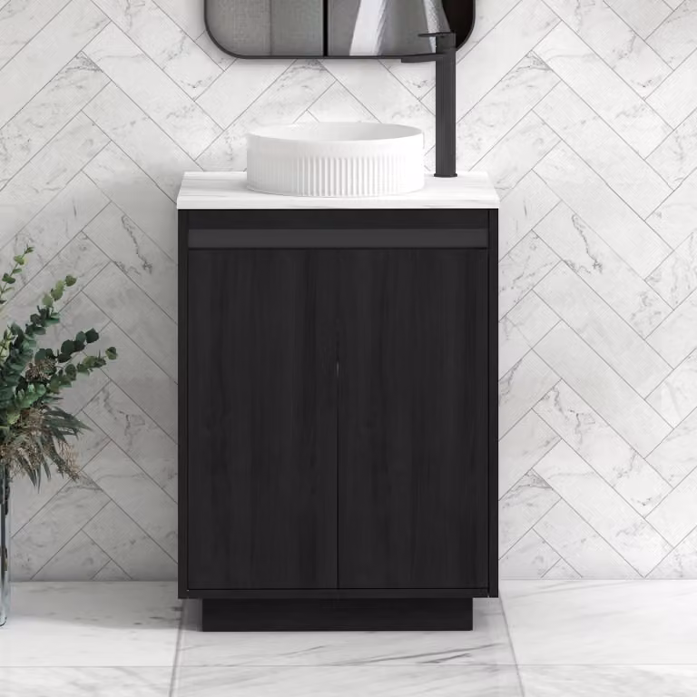 Royal Bathrooms Orion 600mm Hale Black Floor Standing Vanity Unit with Carrara White Countertop, Round Basin and Black Accent Trim