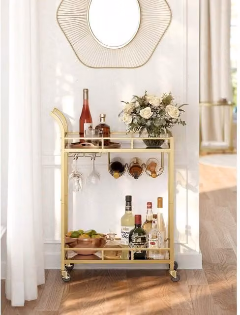 VASAGLE Gold Bar Cart Drinks Trolley with Mirrored Glass Shelves