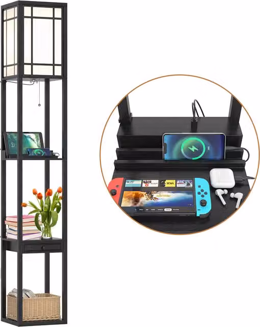 COSTWAY Modern Black Floor Lamp with Shelves and Drawer