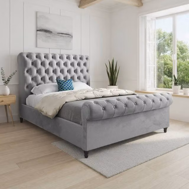 Casani Stopham Sleigh Upholstered Designer Bed Frame in Grey Soft Velvet, Size: Single (90 x 200 cm)