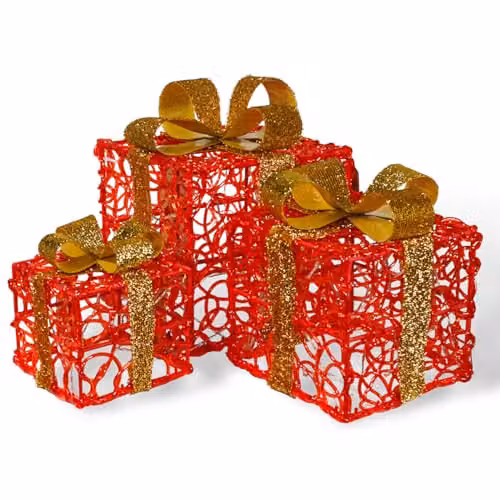 mysmartbuy Set of 3 LED Light Up Christmas Gift Boxes in Red and Gold with Timer, Battery Powered Indoor or Outdoor Festive Decorations, H: 28 x 25 x 23 cm