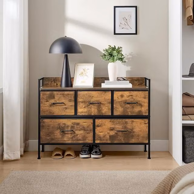 SONGMICS Compact Chest of Drawers with 5 Fabric Drawers and Steel Frame in Brown