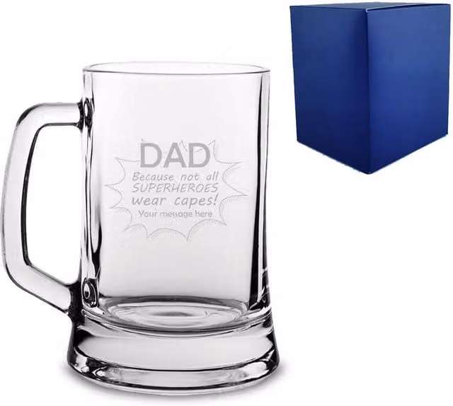 Uniqueful Personalised Engraved Beer Mug with Superhero Dad Design in Clear Glass
