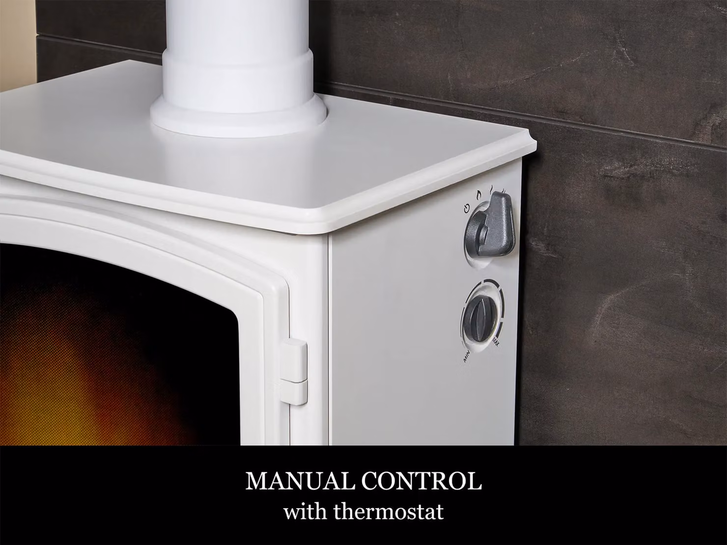 Acantha Tile and Hearth Set in Bronze Venetian Plaster Effect with Aviemore Electric Stove and White Angled Pipe – 4