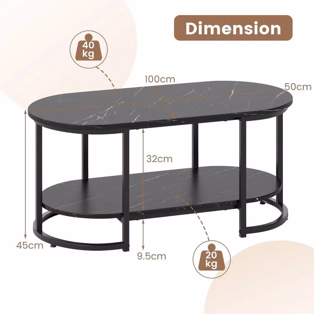 KORVIXA Modern 2-Tier Square Center Table with Marble Top and Open Storage Shelf in Black, W/D/H: 100 x 100 x 100 cm – 2