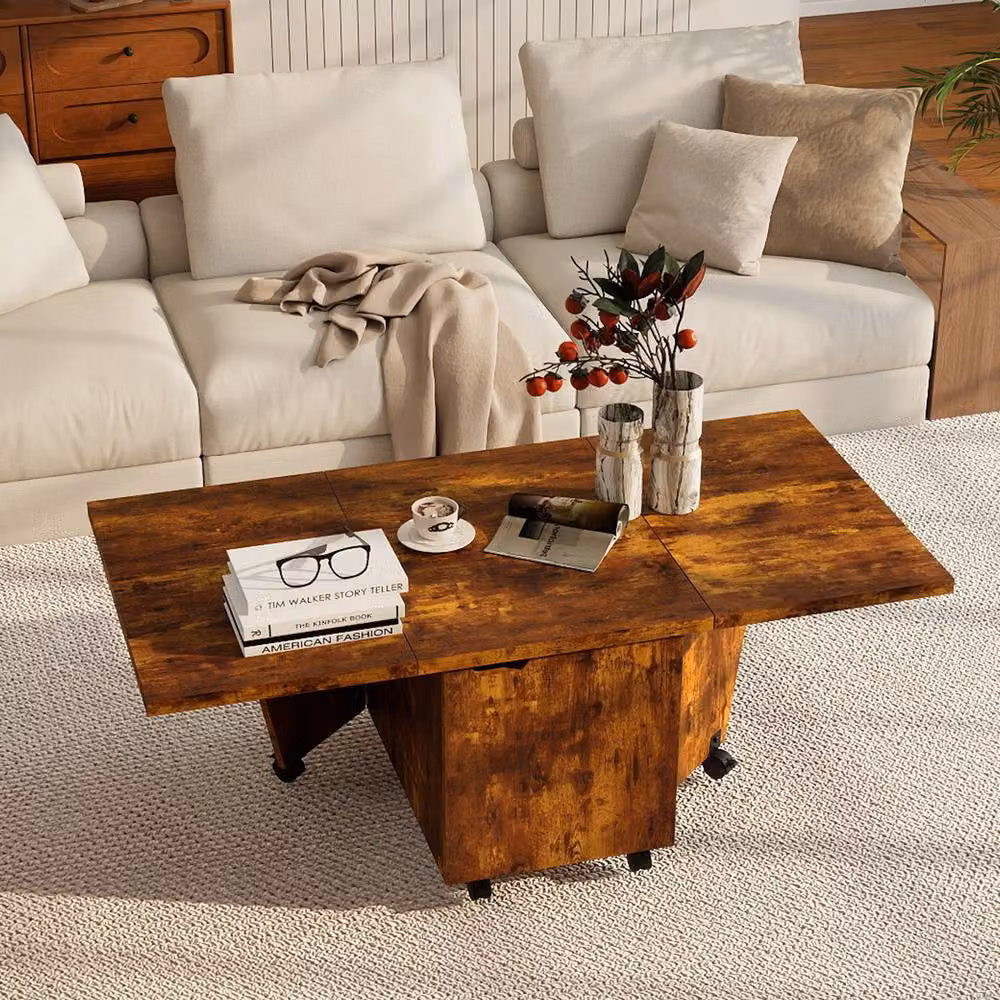Costway Extendable Coffee Table with Storage and Castors, Walnut Brown – 4