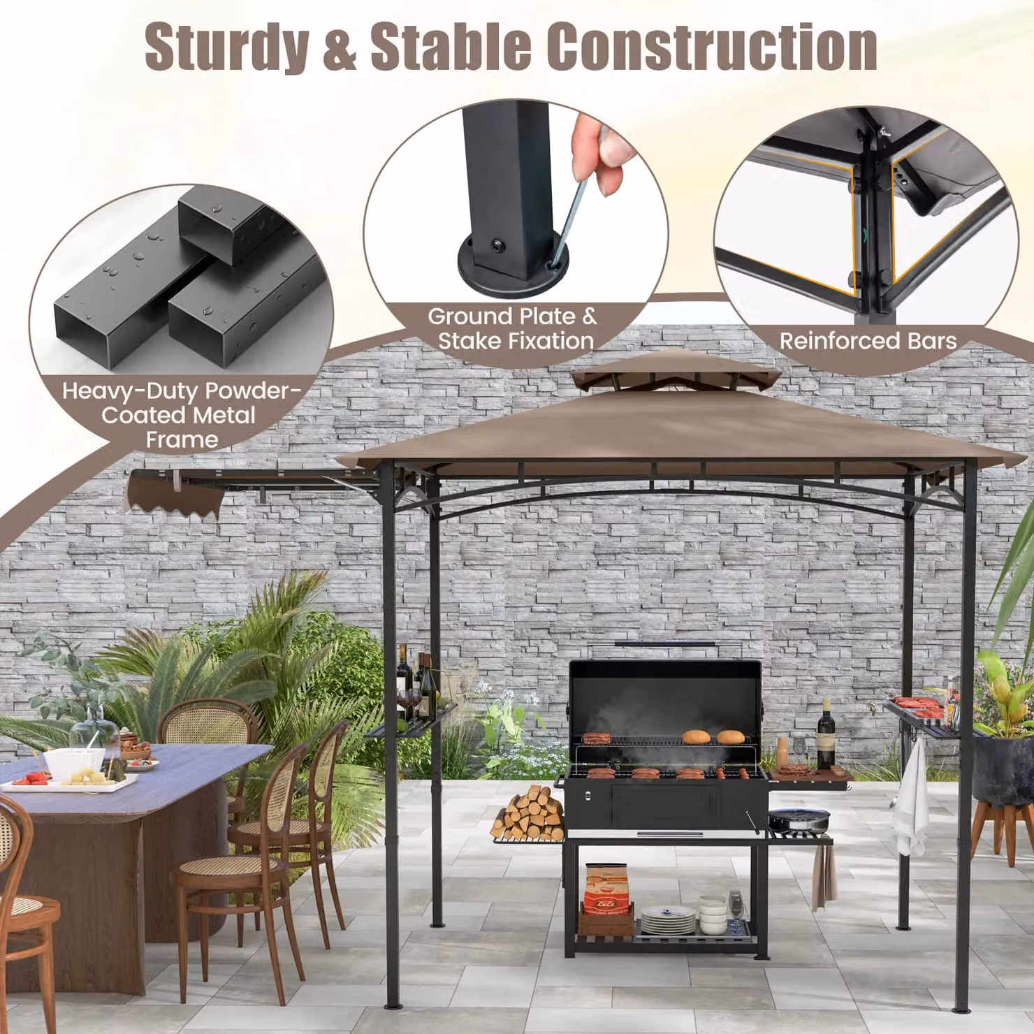 Costway Grill Gazebo Outdoor Barbecue Canopy Tent with Side Awning, Brown, W: 318 cm, D: 153 cm, H: 242 cm – 2