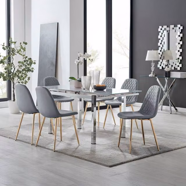 Furniturebox Enna White Glossy Glass Extending Dining Table and 6 Corona Gold Leg Chairs in Grey