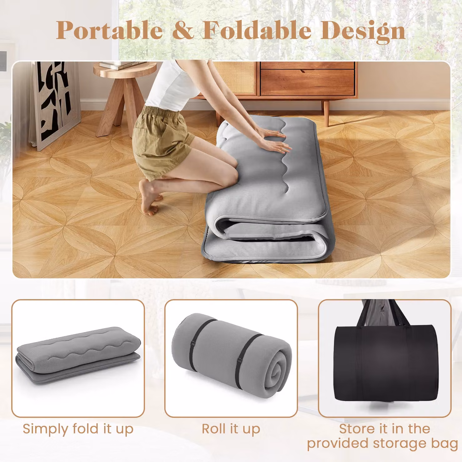 Gymax Double Size Grey Roll Up Floor Mattress and Tatami Mat with Carry Bag, W: 140 cm, L: 200 cm – 3