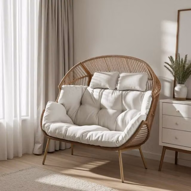 FurnitureboxUK Beige Rattan Double Egg Chair for Indoor and Outdoor Use