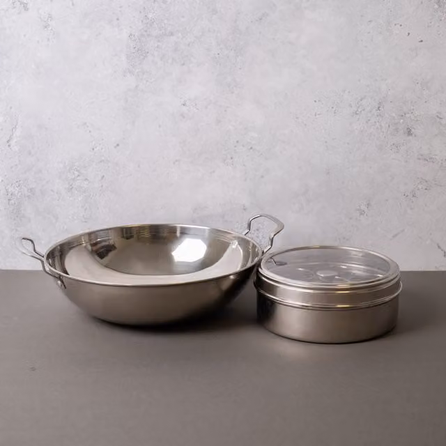 KitchenCraft 2-Piece Indian Cooking Set with Large Balti Dish and Silver Masala Dabba Spice Box