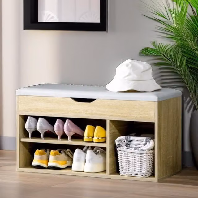Pirlo Plush Industrial Shoe Storage Bench with Cushion Seat in Light Oak, W/D/H: 120 x 30 x 43 cm – 1