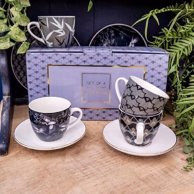 Madison & Mayfair Set of Four Purple and White Patterned Teacups with White Saucers in Grey – 1