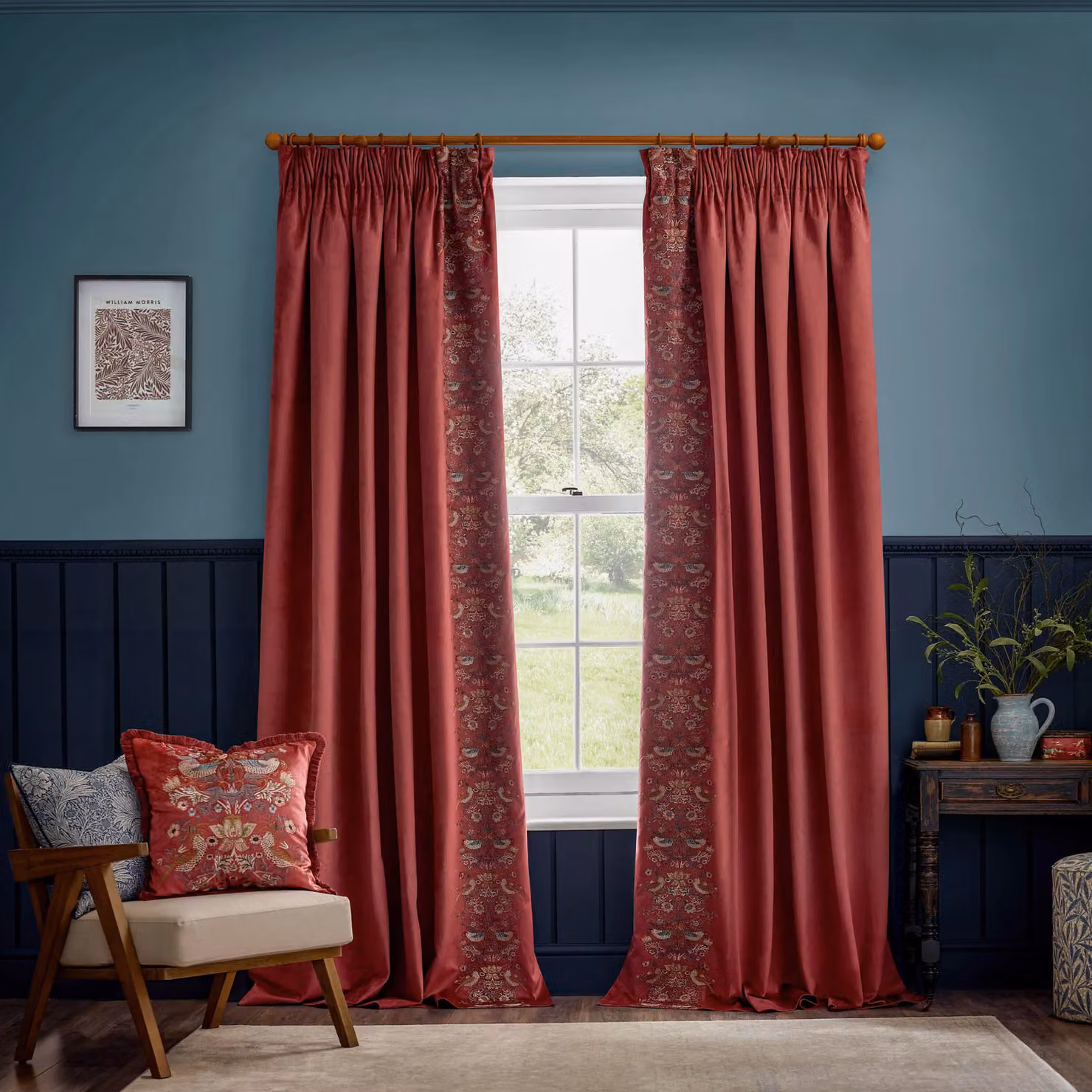 Morris & Co. Strawberry Thief Embroidered Velvet Pencil Pleat Curtains, Red, Width: 168 cm, Drop: 229 cm – 2