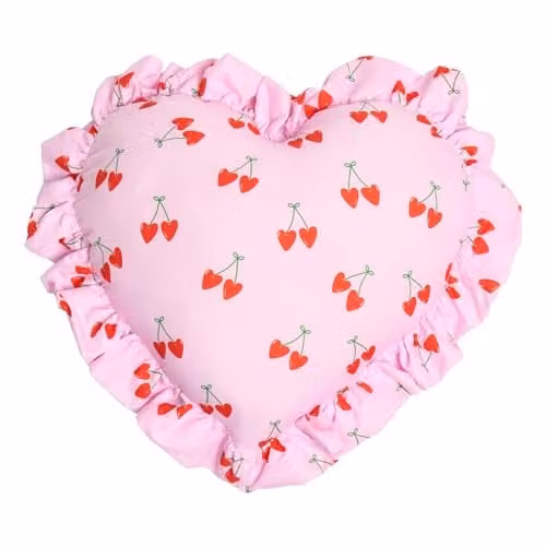 OHS Cherry Print Heart Shaped Cushion with Frill Edges, Pink and Green, 40 cm – 1