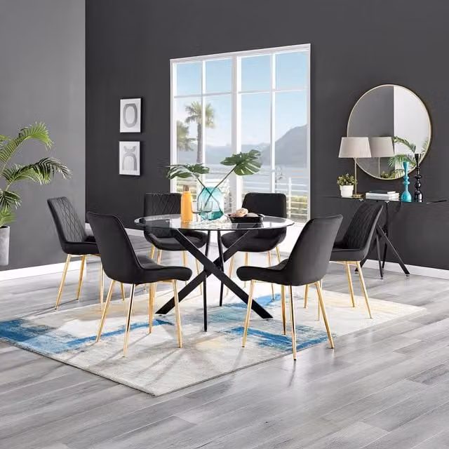 FurnitureboxUK Novara Round Glass Dining Table with 6 Pesaro Gold Leg Chairs in Black and Gold, Diameter: 120 cm