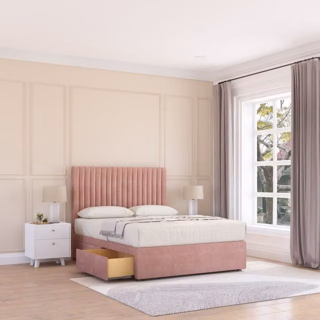 Sloomy Manhattan Super King Divan Bed Base with 2 Drawers and Floor Standing Headboard in Pink Velvet