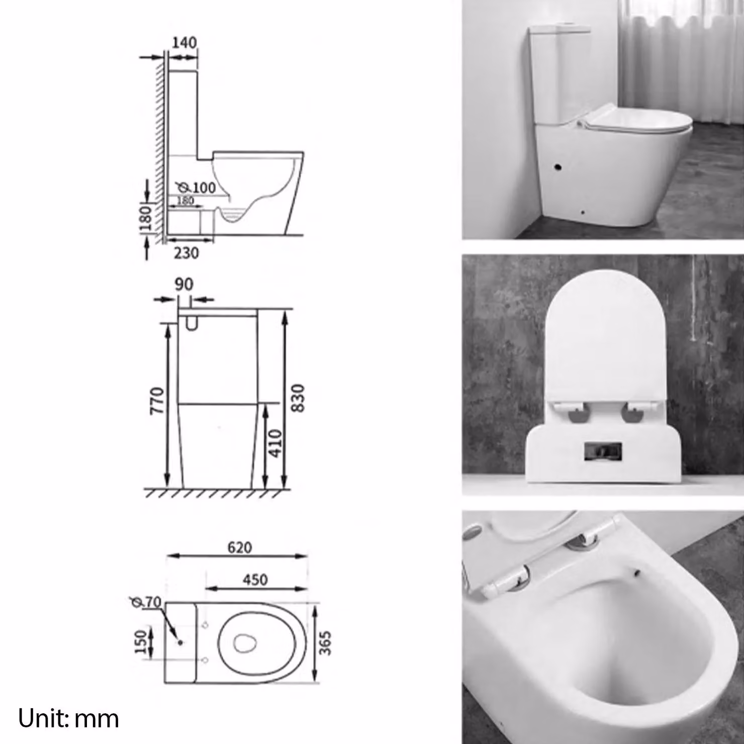 Limoge Rosario White Floor Standing Close-Coupled Rimless Toilet with Soft Close Seat, H 62.0 cm x W 36.5 cm x D 48.6 cm – 2