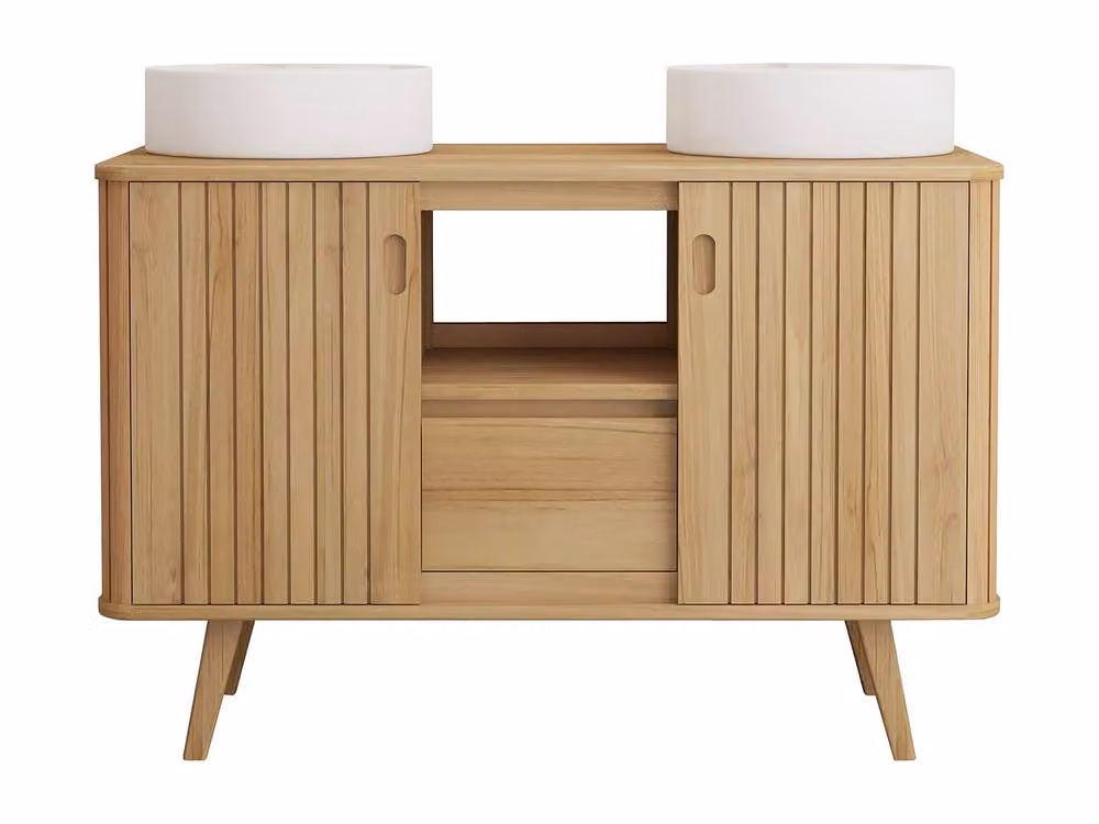 Vente-unique Freestanding Teak Bathroom Vanity Unit with Double Round Ceramic Basin in Light Oak – 2