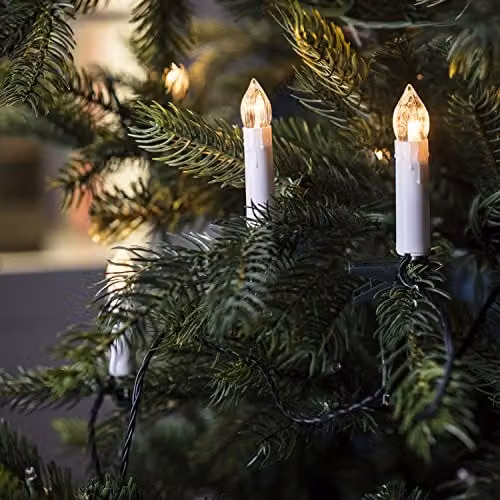 Lights4fun 50 Warm White LED Christmas Tree Taper Candle String Lights with Clips, Green and White, 15m