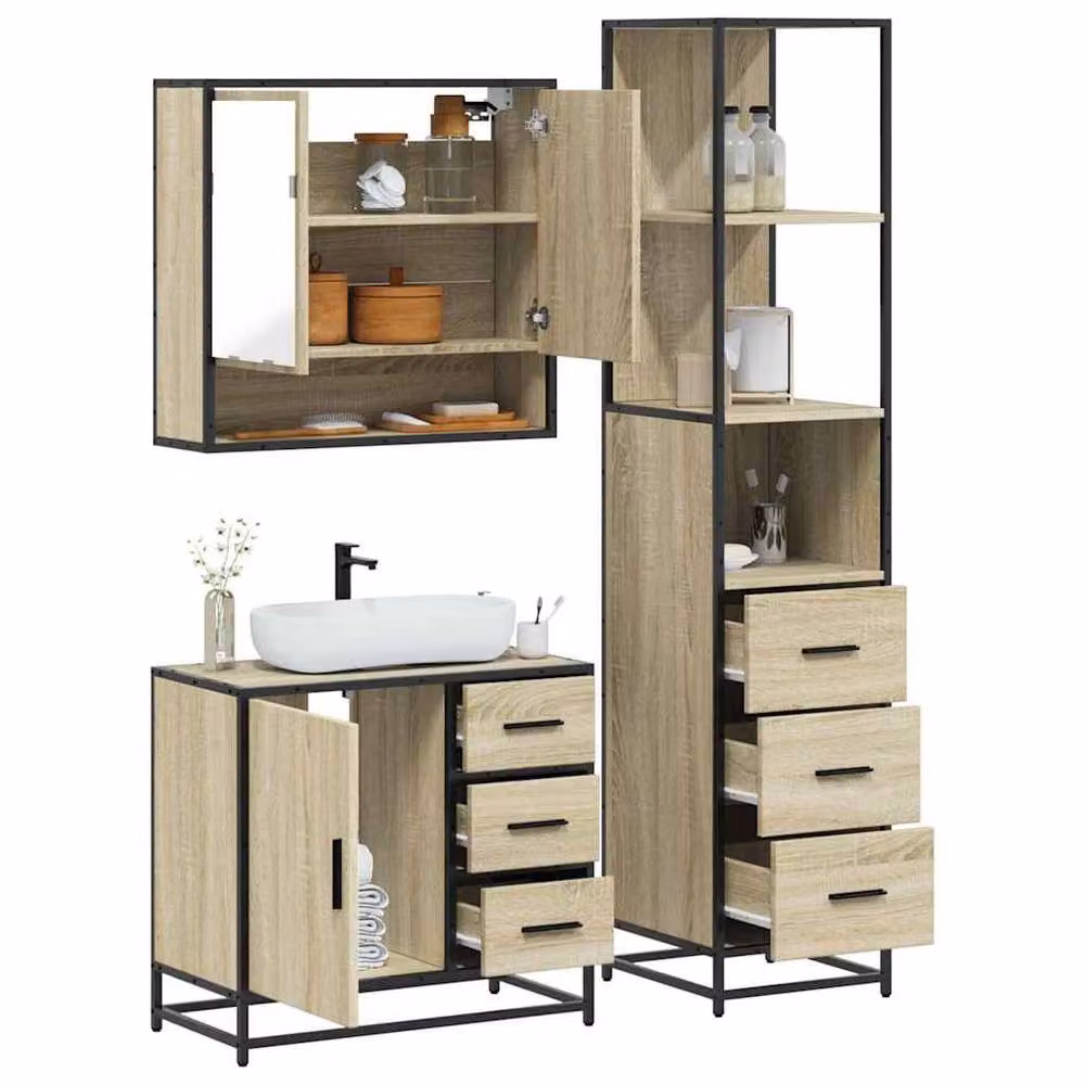 Berkfield Home 3 Piece Industrial Bathroom Furniture Set in Brown Sonoma Oak – 2