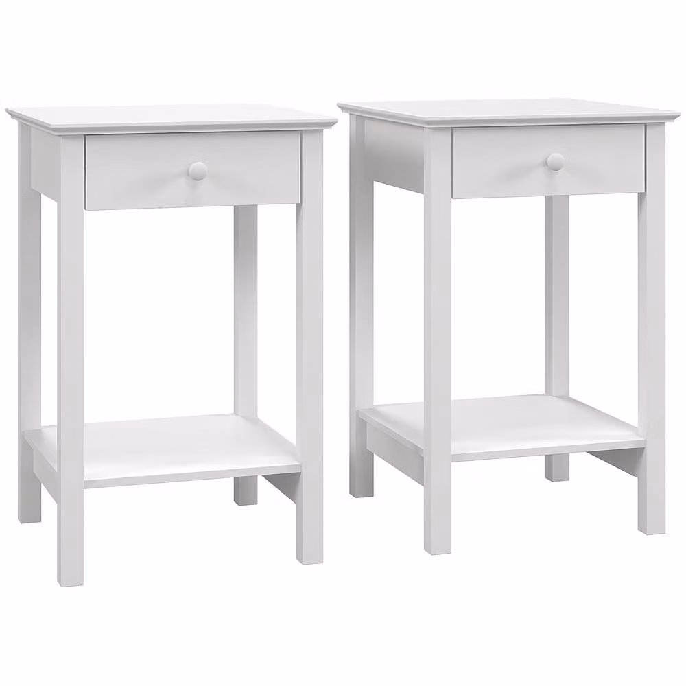 HOMCOM Set of 2 White Bedside Table Cabinets with Drawer and Shelf – 2