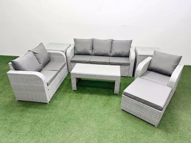 Fimous Patio 7 Seater Grey Rattan Outdoor Furniture Set with Coffee Table and Ottoman