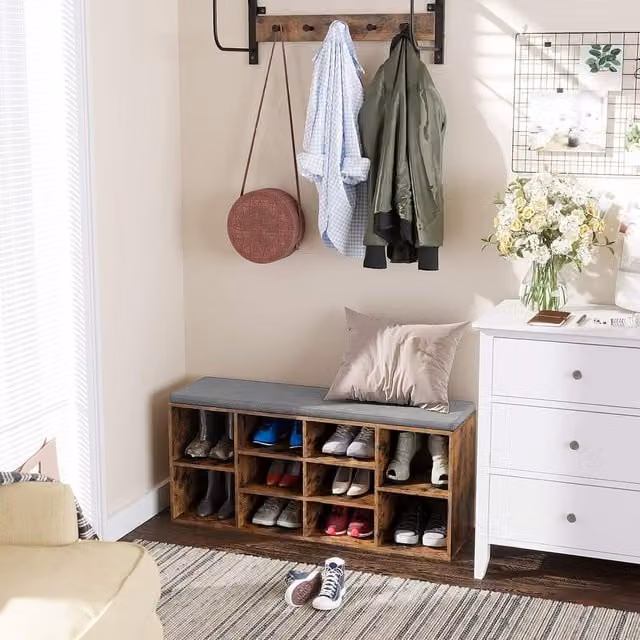 The Bazaarist 10-Compartment Entryway Shoe Storage Cabinet with Cushioned Seat in Rustic Brown and Grey