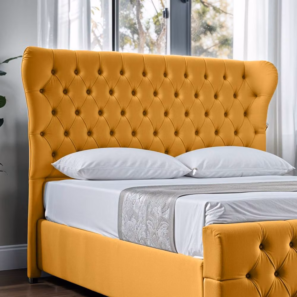 UK Bed Furniture Isabella Upholstered Slatted Base Bed with 48 Inch Wingback Headboard in Yellow Velvet, Size: Double (W/D/H: 140 x 200 cm) – 3