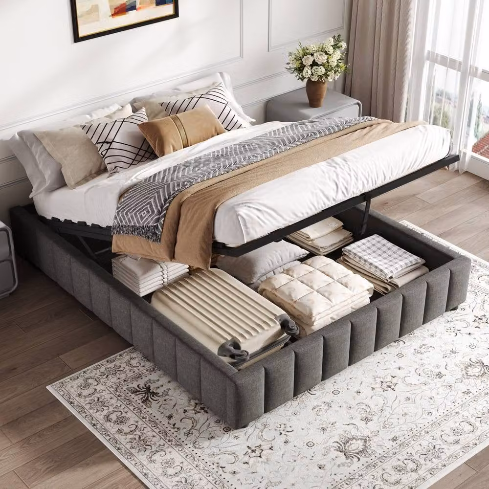 Merax Double Hydraulic Storage Bed in Grey Linen with Lift Up Base, W/D/H: 140 x 200 cm – 2