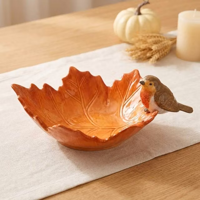 Garden Greatness Rustic Robin On A Leaf Autumn Ceramic Serving Bowl in Orange