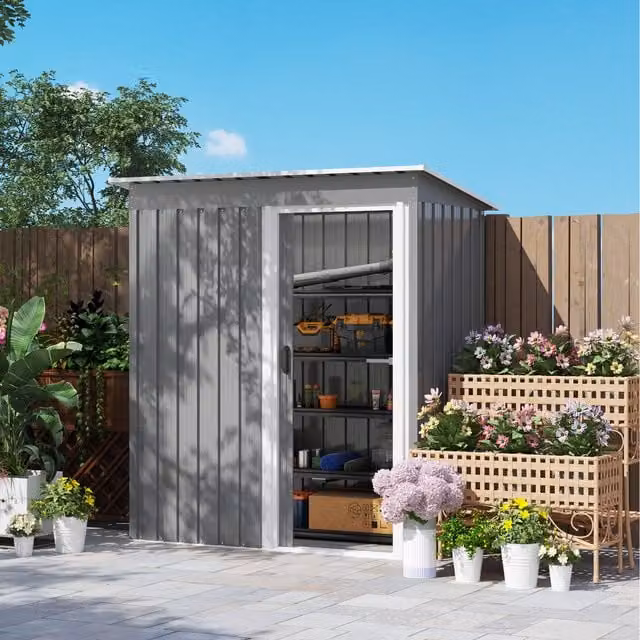 Outsunny Metal Garden Storage Pent Shed with Sliding Doors, Grey, W: 152.4 cm, D: 91.44 cm, H: 182.88 cm