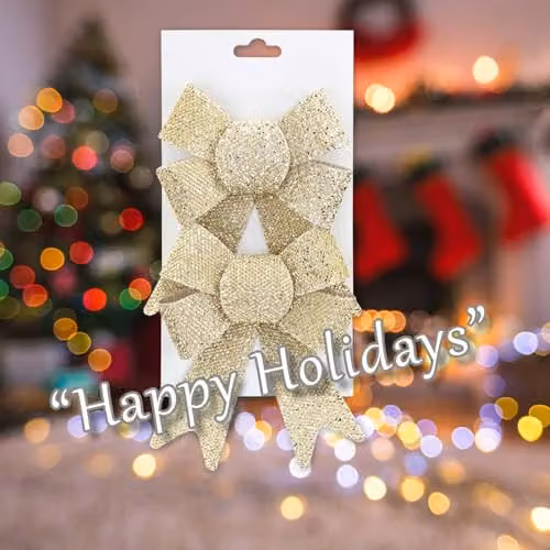 VFM e-Store Tinsel Bows Christmas Decoration, Pack of 2, Gold and Beige, W/D/H: 13 x 17 x 4.5 cm – 4