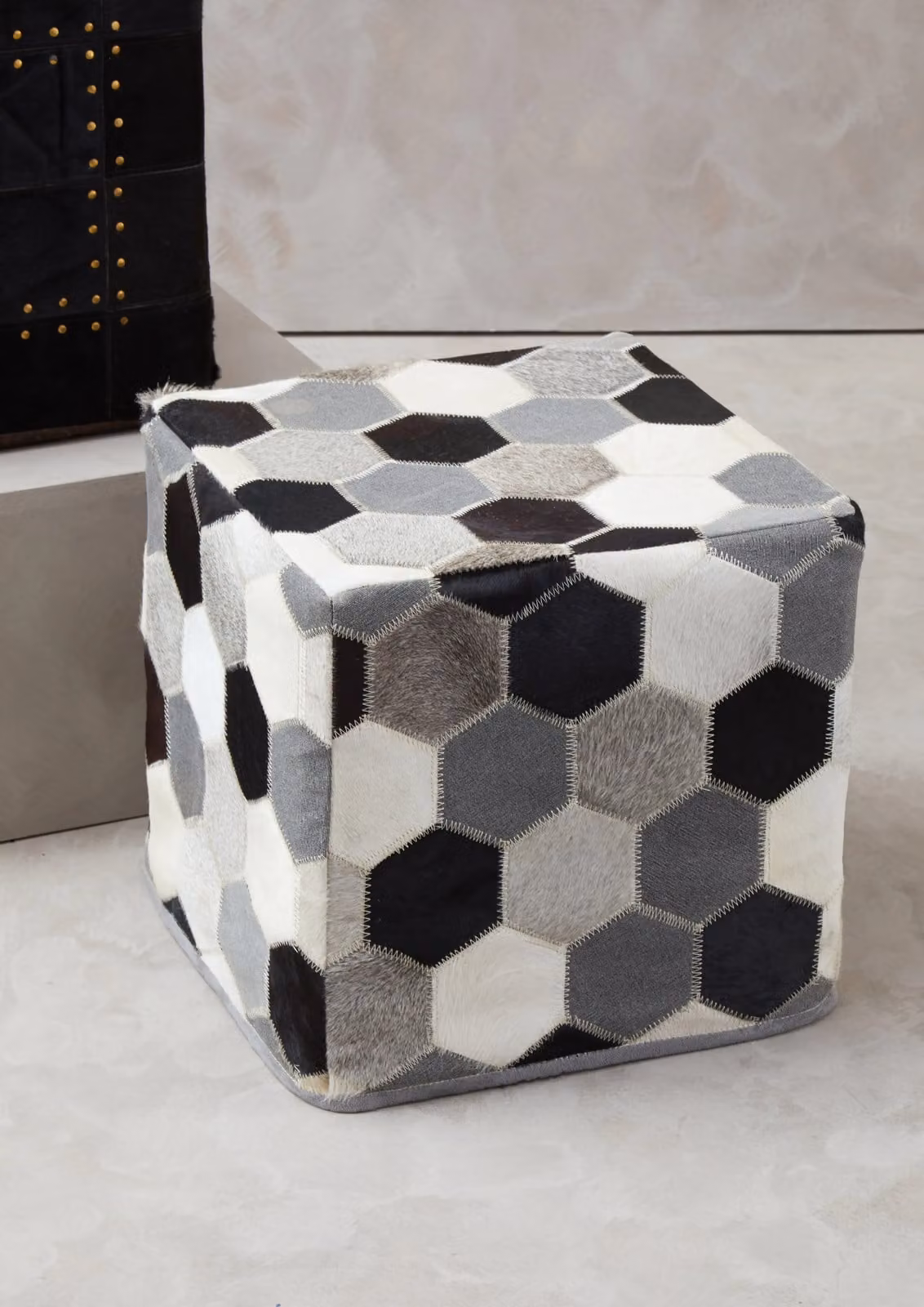 Orsina Safira Leather Patchwork Pouffe in Multicolour Geometric Design – 2
