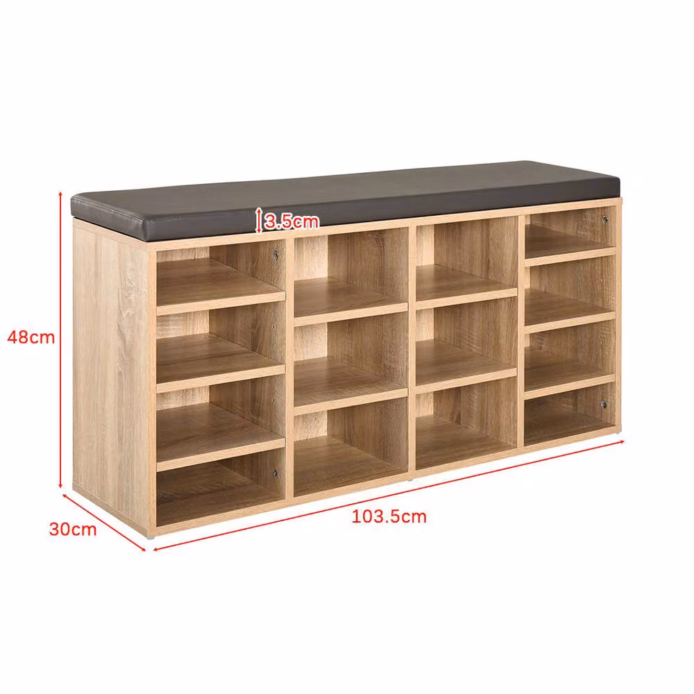 ERGOVEXA Natural Shoe Storage Bench with Cushion and 14 Compartments in Brown – 2