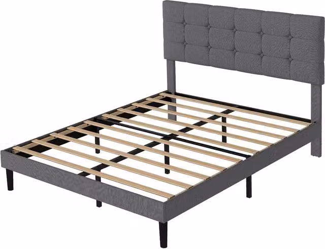 VOGREX Grey Upholstered Linen Double Bed Frame with Wooden Slats, W/D/H: 139 x 140 x 106 cm