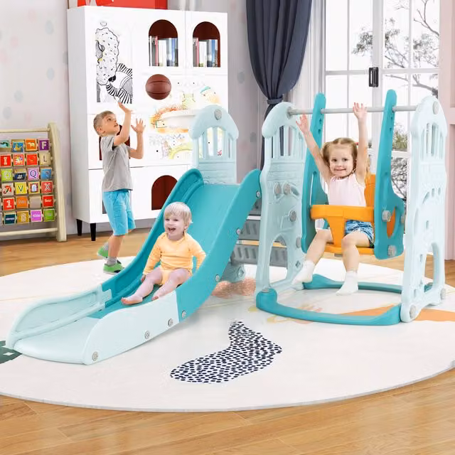 Costway 4-in-1 Blue Toddler Playground Slide and Swing Set with Play Tower and Foldable Design