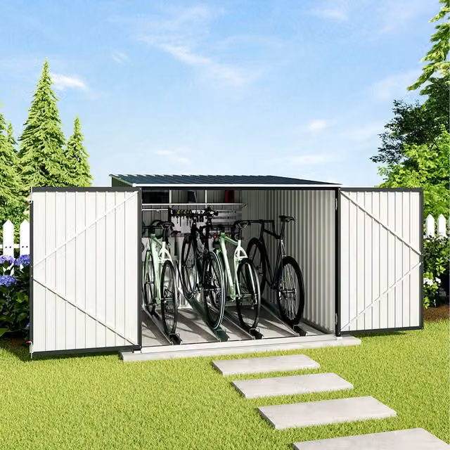 Livingandhome Modern Steel Pent Bicycle Storage Shed with Double Doors, Black, Height: 195 cm